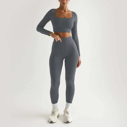 2Pc Yoga Sets for Women Women'S Fashion Casual Solid Color Long Sleeve Square Collar Two Piece Slim Yoga Sports Pants Suit Yoga Sets Yoga Package